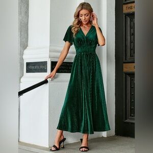 Simplee VNeck Velvet Maxi Dress Short Sleeve Empire Waist Long Formal Dress5